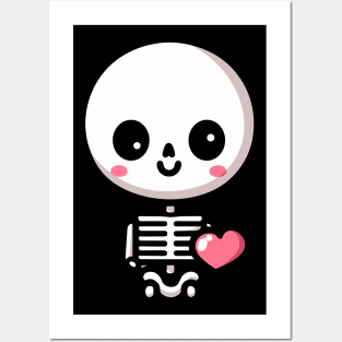 Cute Skeleton with a Heart | Cute Happy Halloween Skeleton Kawaii Design Posters and Art